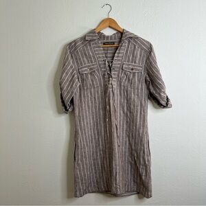 Tommy Bahama Linen Shirt Dress Gray Striped Roll-Tab Sleeve Lace-Up size XS